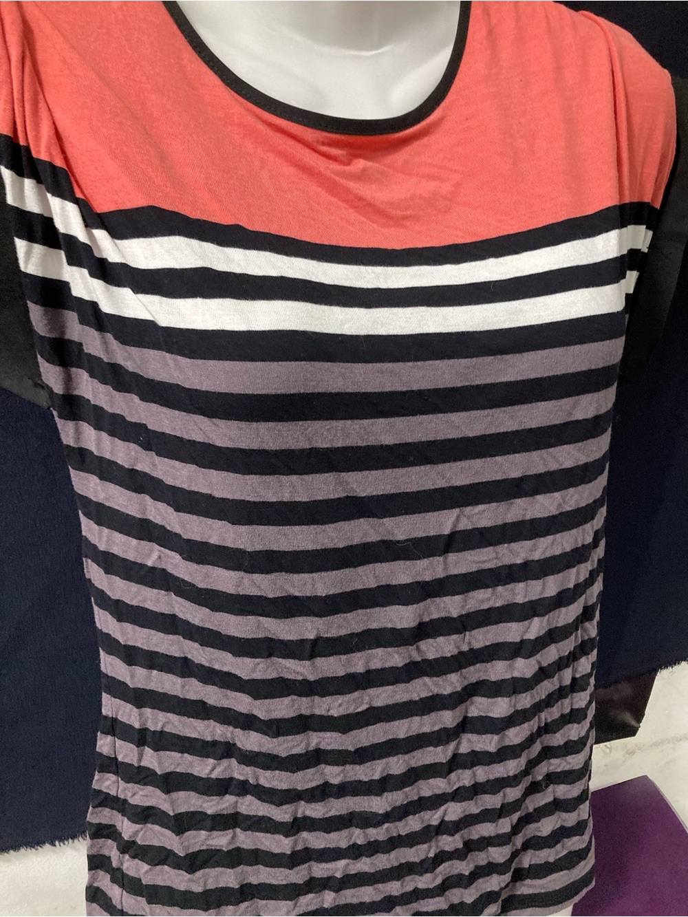 Suzy Shier Coral & Black Striped Scoop Neck Tee